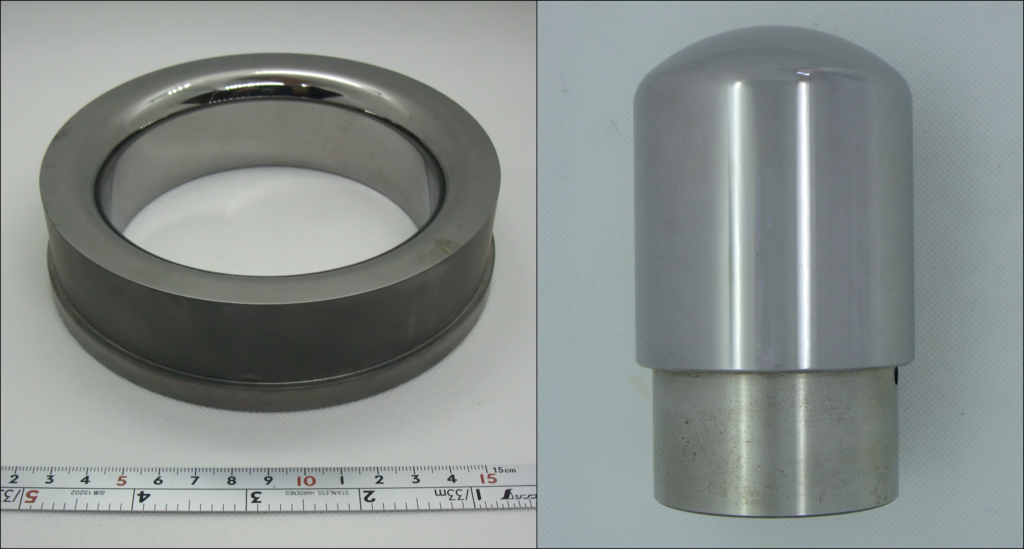 ▲（左）絞りダイ　SKD11　C-Tic　（右）絞りパンチ　SKD11　 C-Tic、ともに面粗さ0.4ｚ、寸法公差±0.01